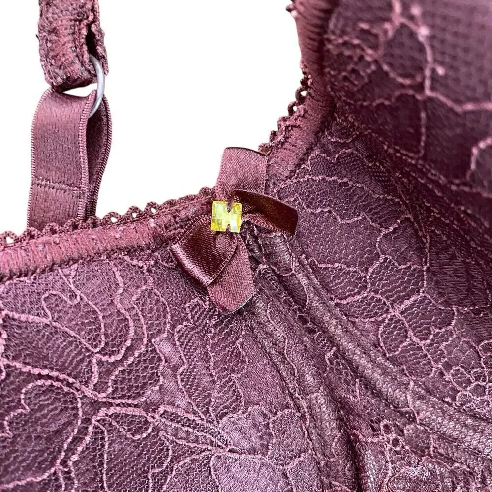 Alegro Bra 36 E Maroon Underwired Side Lacing Rhinestone Light Padding